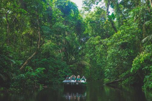 a group of people riding on a boat in the jungle at Tortuga Lodge & Gardens in Tortuguero