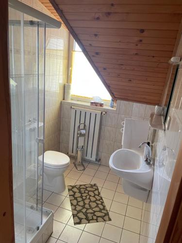a bathroom with a toilet and a sink and a shower at Esther Apartman in Gyenesdiás