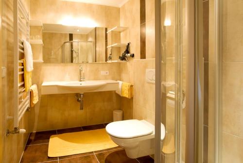 La petite salle de bains est pourvue de toilettes et d'un lavabo. dans l'établissement Der Sonnenhof - Appartement Steinbergstein, à Westendorf