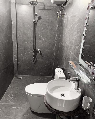 a bathroom with a toilet and a sink and a shower at mai chau rice fields homestay in Mai Châu