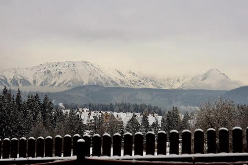 a snow covered mountain range with a fence in the foreground at Zwijaczówka in Zakopane
