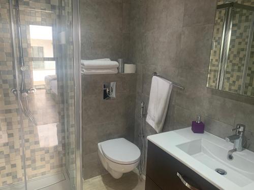 y baño con aseo, ducha y lavamanos. en Hivernage, en Agadir