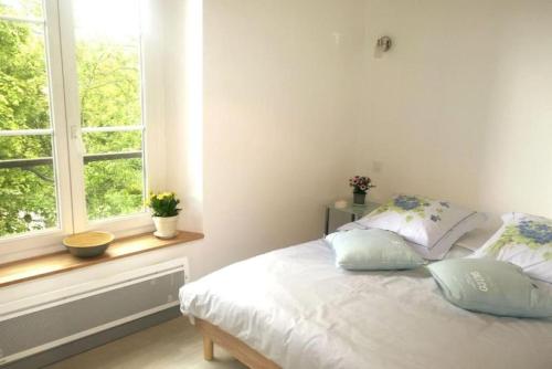 sypialnia z łóżkiem z poduszkami i oknem w obiekcie Entre ville et jardins w mieście Sainte-Savine
