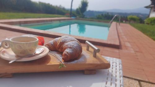 a tray of food and a cup of coffee on a table at Bed & Breakfast Le Coccinelle in Rosciano