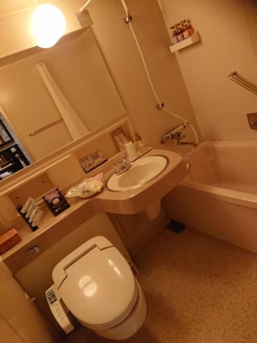 a bathroom with a toilet and a sink and a tub at HOTEL Mythos (ホテル ミュートス) in Sakai