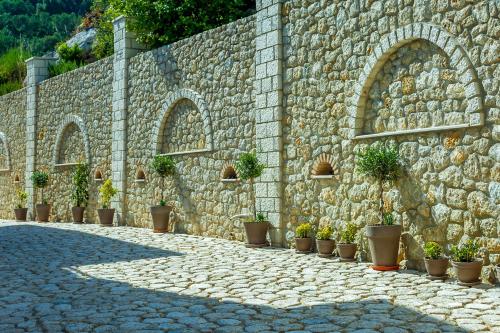 a stone wall with potted plants on it at Natura Luxury Suites Parga in Parga