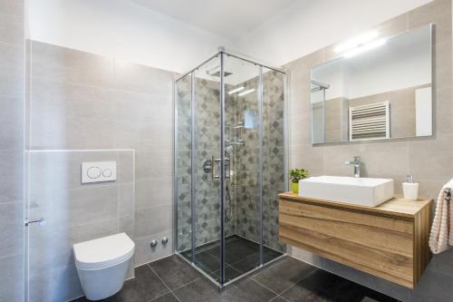 Modern 3-bedroom villa with a private pool في بولا: حمام مع دش ومرحاض ومغسلة