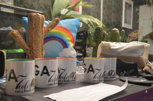 a table with four coffee cups with a rainbow on it at HOTELITO RURAL GA7COLORES only adult in Montaña Blanca