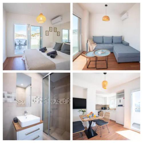 a collage of photos of a bedroom and a living room at Sea View Penthouse Beach and the City in Agios Nikolaos