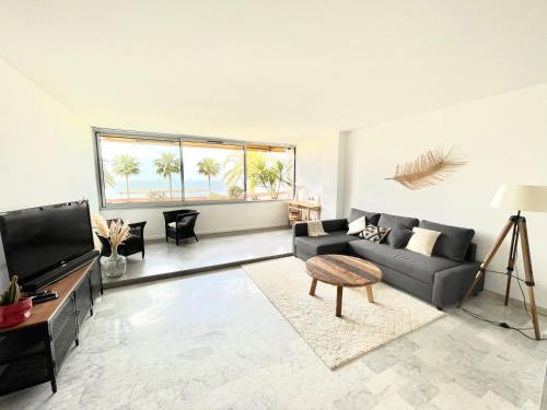 a living room with a couch and a tv at Plage Landsberg - Saint-Laurent-du-Var in Saint-Laurent-du-Var