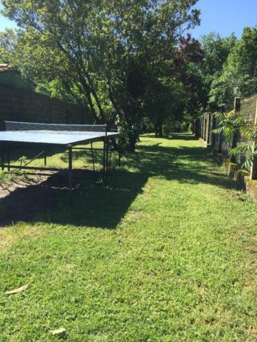 a ping pong table in the middle of a yard at Adorable chalet des Huttiers - Bassin d'Arcachon in Audenge