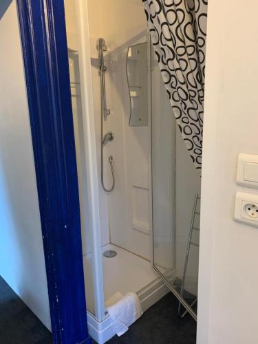uma casa de banho com uma cabina de duche em vidro em Le Pourquoi pas em La Bourboule