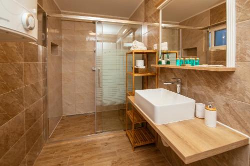 a bathroom with a sink and a shower at Family house Moja jube in Oklaj