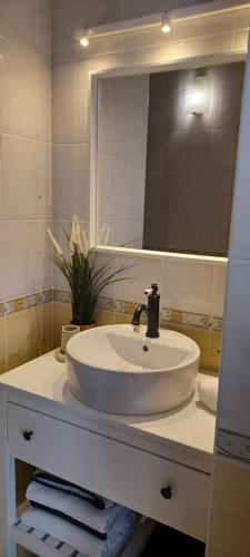 une salle de bain avec un lavabo blanc et un miroir dans l'établissement Apartament Bidart avec jardin à côté de la plage, à Bidart