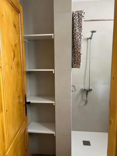 a walkin closet with shelves and a shower at Casa rural con baño adaptado y piscina en Mogán in Mogán