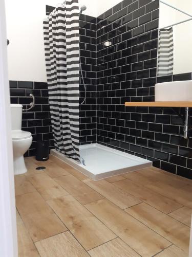 a bathroom with a shower and a toilet and black tiles at Casa do Coura in Caminha