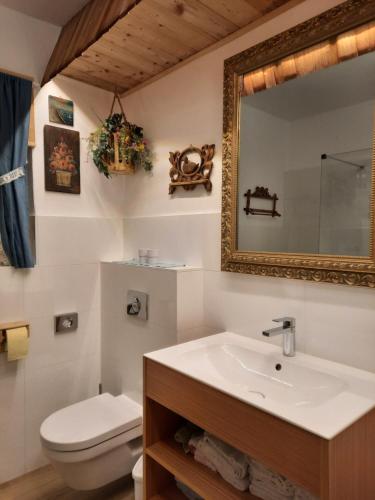 bagno con lavandino, servizi igienici e specchio di Chalet Damtschach a Damtschach