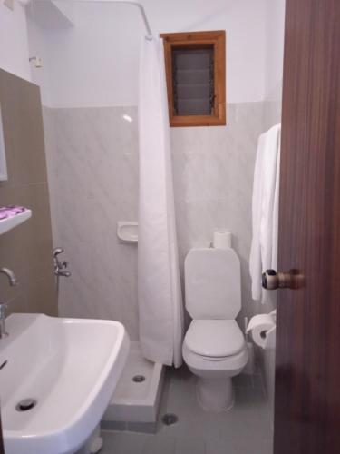 a bathroom with a white toilet and a sink at Pal Beach in Palaiochóra