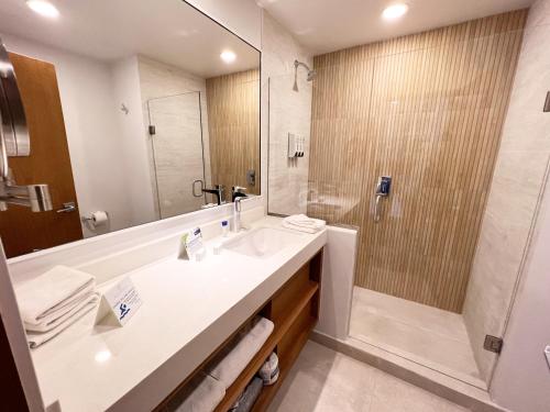 a bathroom with a sink and a shower at San Nicolas Hotel Casino in Ensenada