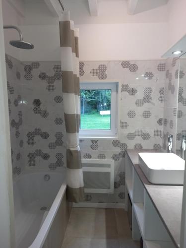 a bathroom with a tub and a sink and a shower at Les Eygletières in Bourriot-Bergonce