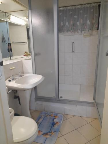 a bathroom with a shower and a toilet and a sink at Stella Maris 194 Amazimtoti Self Catering accommodation in Amanzimtoti