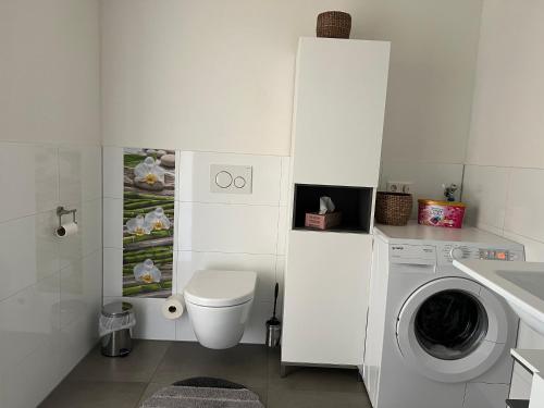 La salle de bains blanche est pourvue d'un lave-linge et de toilettes. dans l'établissement 2 Zi-Apartment Fauser Echterdingen-Messe, à Leinfelden-Echterdingen