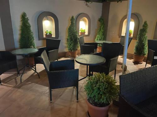 a restaurant with tables and chairs and potted plants at B&B Vila Tamaris in Zaječar