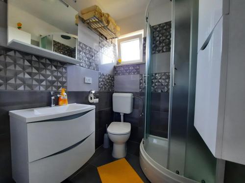 a bathroom with a toilet and a sink and a shower at Apartmani Scripea in Škrip