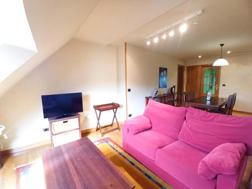 a living room with a pink couch and a table at Omega 1 in Viveiro
