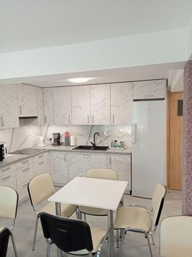 a kitchen with a table and chairs and a refrigerator at Villa Selavi in Kołobrzeg