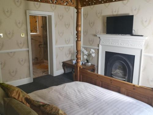 a bedroom with a bed with a fireplace and a television at Stone Court House in Maidstone