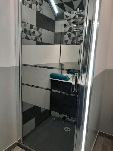 a shower with a glass door in a bathroom at La maison d Eugene in Clermont-Créans