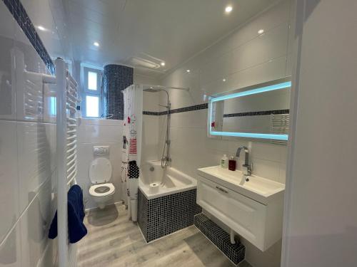 uma casa de banho branca com um lavatório e um WC em Modern House Gehrden 2 em Gehrden