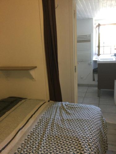 um quarto com uma cama e uma casa de banho em Gîte Le Tilleul 1* em Fouillouse