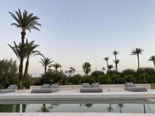 a swimming pool with lounge chairs and palm trees at Bakkal Farm Agrolodge in Marrakech