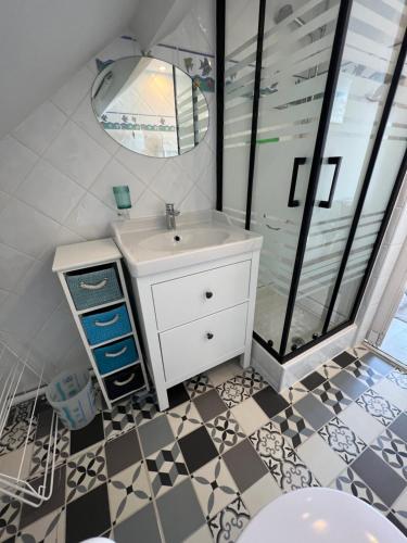 a bathroom with a sink and a mirror at Le Cocooning T2 rénové et 5min à pied de la mer au cœur de Trouville in Trouville-sur-Mer