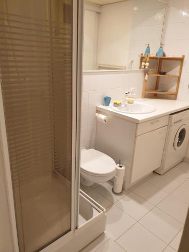 une salle de bain avec une douche, des toilettes et un lavabo dans l'établissement Athéna Résidence Bandol - Piscine et Tennis, à Bandol