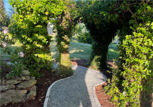 a garden with a walkway with trees and flowers at Quarrystone House B&B in Fernwood