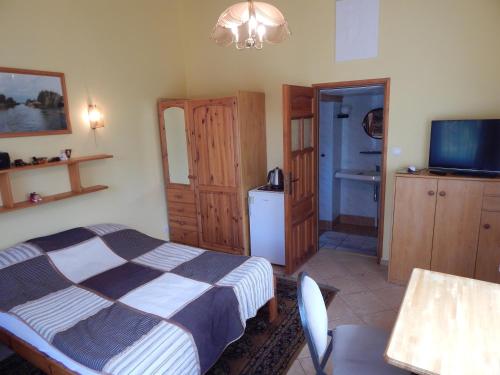 Schlafzimmer mit einem Bett, einem Kühlschrank und einem TV in der Unterkunft Ranczo Ryn in Ryn
