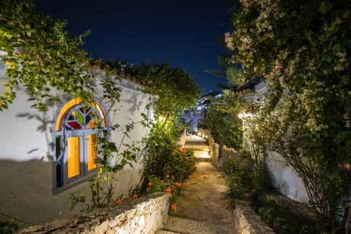 an alley with flowers and a window at night at Dar Echchaouen Maison d'Hôtes & Riad in Chefchaouene