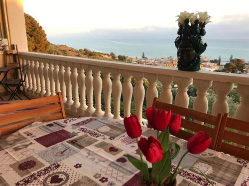 a vase of flowers on a balcony with red roses at Scala dei Turchi The White Wall in Realmonte