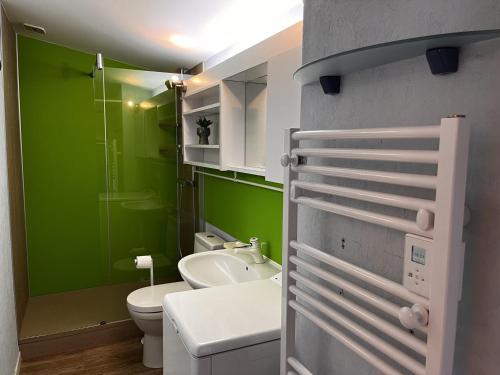 une salle de bain verte avec des toilettes et un lavabo dans l'établissement Studio cosy pour 2 à 50m de la plage, centre-ville, tout équipé - FR-1-197-507, à Les Sables-dʼOlonne