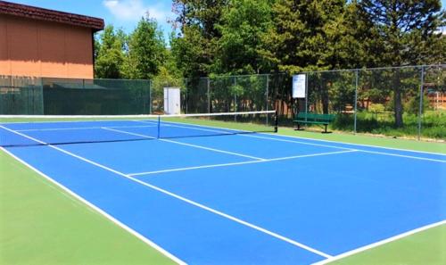 a blue tennis court with a bench on it at The Tahoe Beach & Ski Club Owners Association in South Lake Tahoe