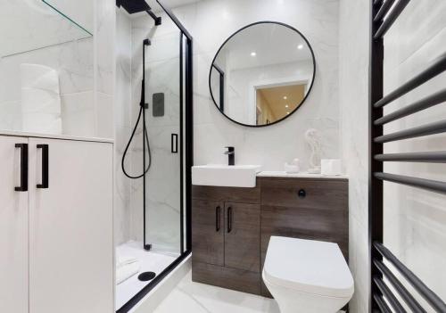 a bathroom with a toilet and a sink and a mirror at Modern 2 bedroom flat in Hampstead Heath in London