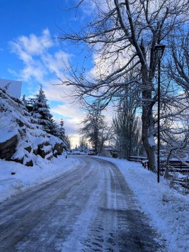 a snow covered road with a tree on the side at Hostal Boutique CUMBRES in Farellones