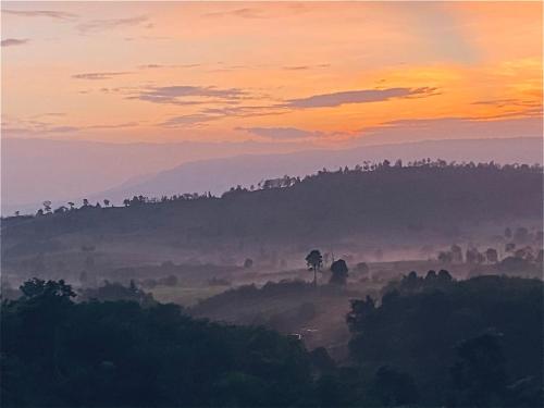 a painting of a field with a sunset at ภูคำฮ้อมคลิฟฟ์ลอดจ์ แอนด์ โฮมสเตย์ Phu come home cliff Lodge & Homestay in Ban Phu Hi