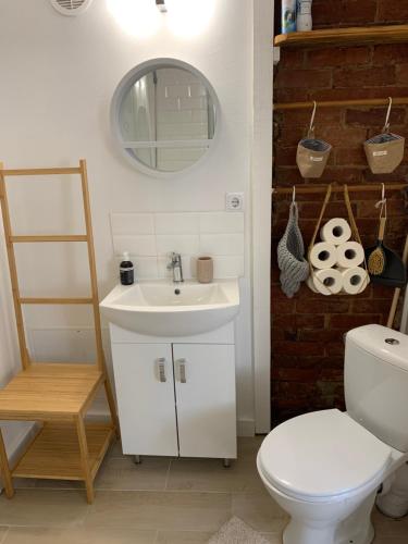 a bathroom with a white sink and a toilet at Rusnės Pakalnės apartamentai in Rusnė