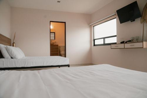 a bedroom with two beds and a tv on the wall at Hotel Fratelli in Aguascalientes