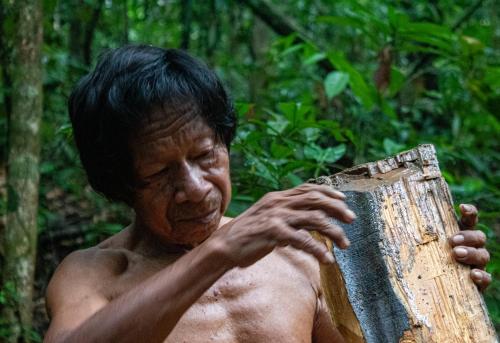 a man with no shirt on holding a piece of wood at Cabañas eco lógicas mu'ü in Loreto Mocagua