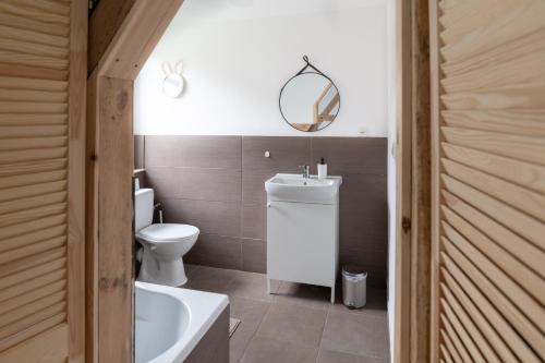 a bathroom with a toilet and a sink and a mirror at Mieszkanie na wsi Mazury Zachodnie in Idzbark